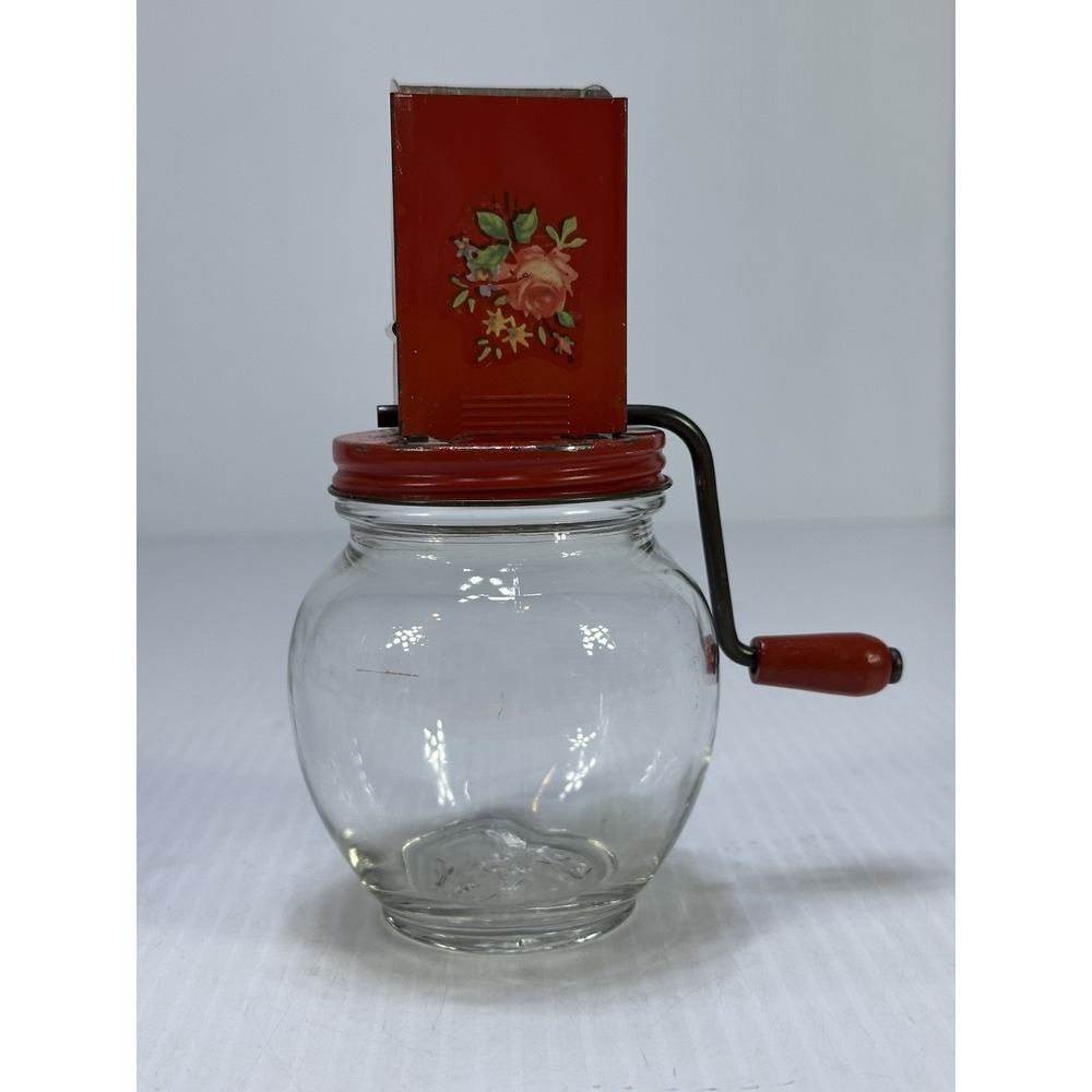 Vintage Hand Crank Nut Grinder Chopper Glass Jar Red Orange Metal Floral 6"